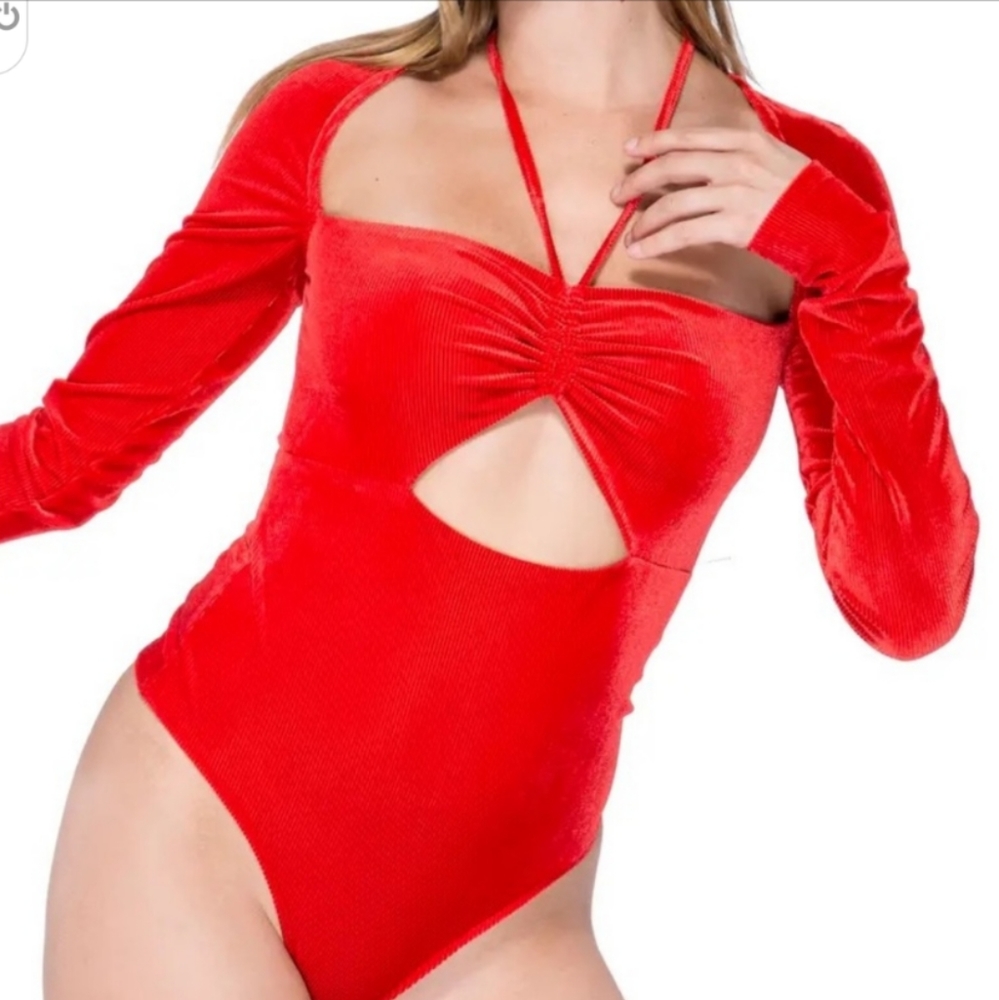 AGRM Assunta Rib Cutout Velvet Red Bodysuit Small